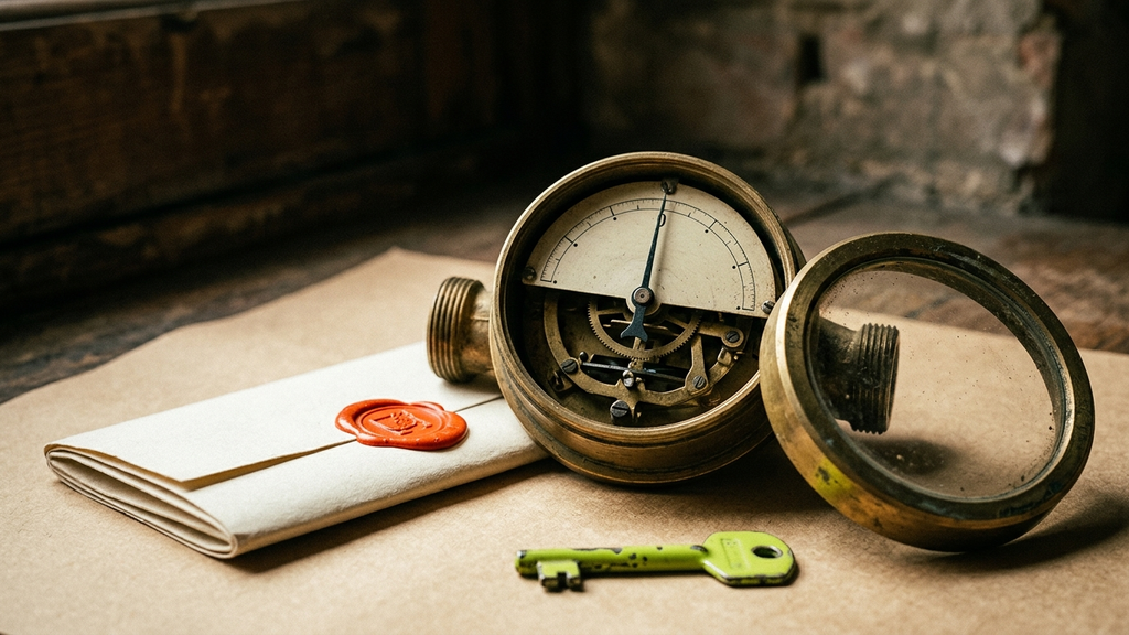 A vintage brass meter with its glass face removed shows its needle at zero, beside a sealed cream document with a red wax seal and a small green enamel key.
