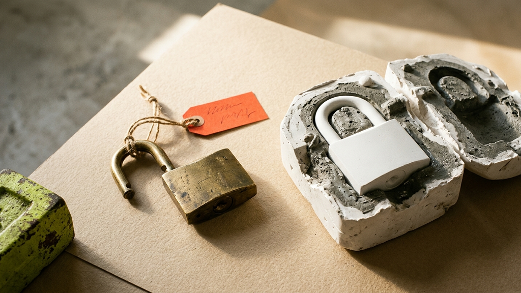An open brass padlock with a red price tag sits beside an untagged white plaster copy of itself, still in its mould, with a green iron weight nearby.