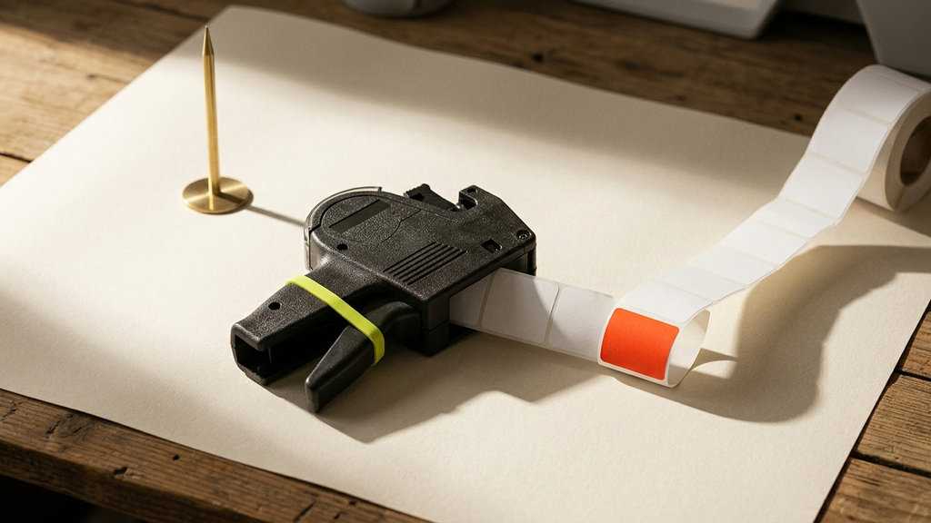 A retail pricing gun with a green rubber band on its grip lies beside a spool of blank white price stickers, one of them red, with an empty brass receipt spike behind.