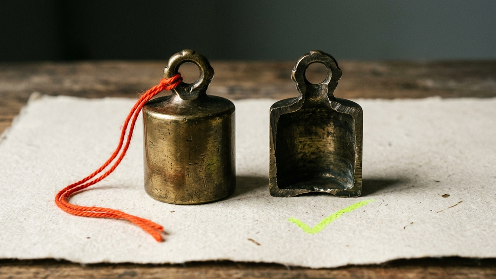 Two antique brass balance weights sit side by side, one solid with a red thread through its ring, the other cut open to reveal a hollow shell above a green chalk mark.