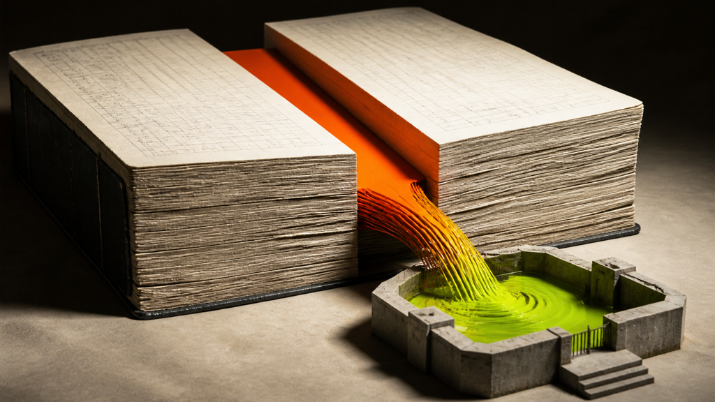An orange wedge splits a large paper payroll ledger while value flows toward a small acid-green public reservoir.