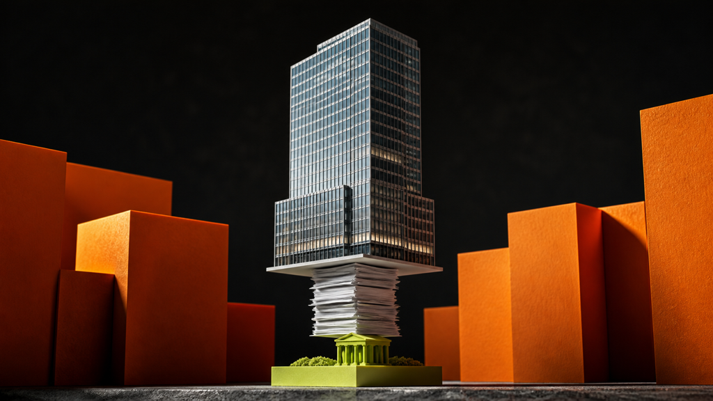 A vast glass tower balances on a very thin stack of payslips above a small acid-green public foundation.